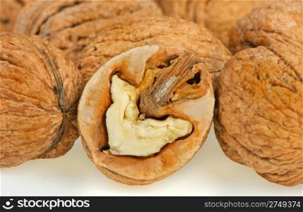 Split walnut. Selective focus. A heap walnut on a background