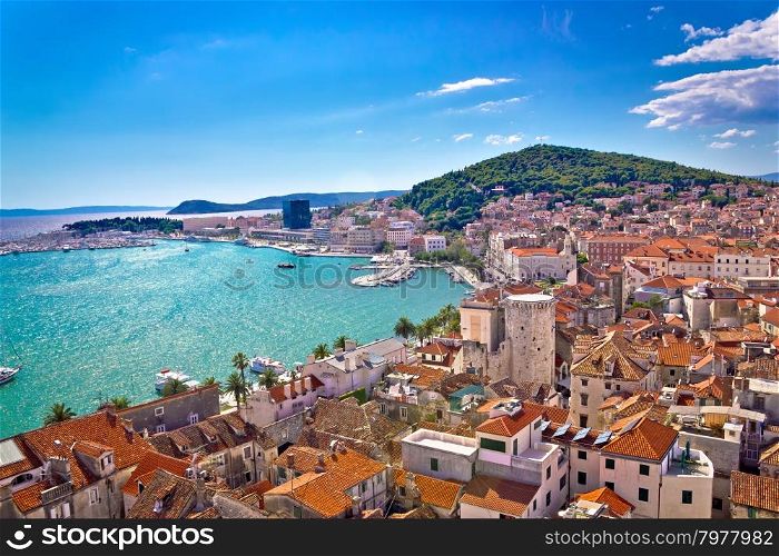 Split waterfront and Marjan hill aerial view, Dalmatia, Croatia