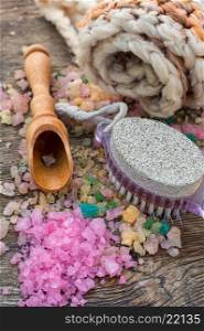 Sponge,brush and salt for Spa treatments with the smell of lavender