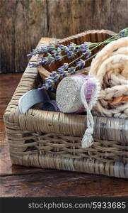 Sponge,brush and salt for Spa treatments with the smell of lavender
