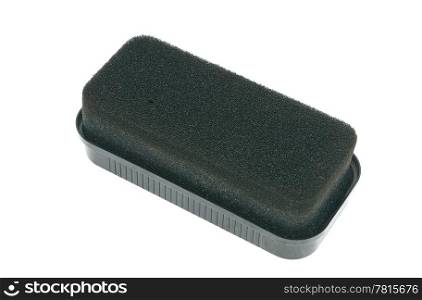 Sponge for cleaning of black footwear on a white background.