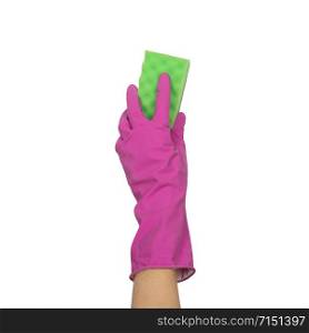 Sponge for washing dishes in female hand. Hand in a latex glove holding sponge isolated on white. Woman&rsquo;s hand gesture or sign isolated on white.. A hand in a glove holds a sponge for washing and cleaning dishes
