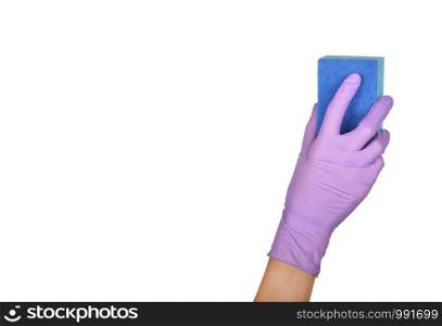 Sponge for washing dishes in female hand. Hand in a latex glove isolated on white. Woman's hand gesture or sign isolated on white. A hand in a glove holds a sponge for washing and cleaning dishes. Sponge for washing dishes in female hand. Hand in a latex glove isolated on white. Woman's hand gesture or sign isolated on white.