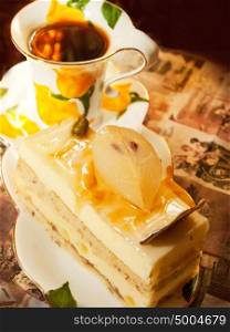 sponge pear cake with soft praline in cafe