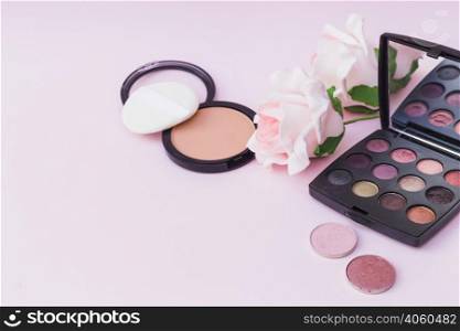 sponge with blusher pink rose eyeshadow palette colored background
