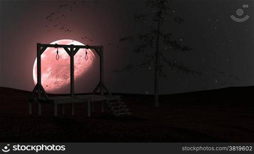 Spooky background with gallows and crows at night with red moon