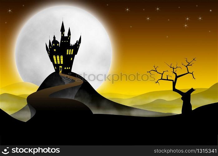 Spooky far medieval castle with long road against moon