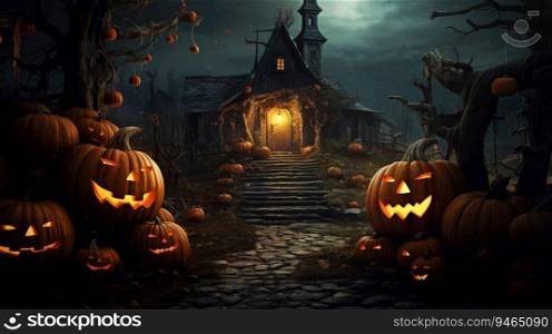 spooky halloween background with glowing jack o lantern pumpkins and haunted house. spooky halloween with glowing jack o lantern pumpkins and haunted house