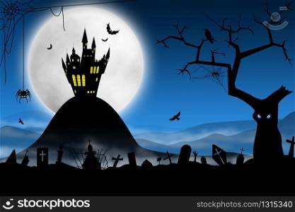 Spooky Halloween night. Foggy cemetery and far haunted castle against moon
