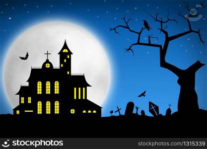 Spooky Halloween night. Tree on cemetery and haunted house against big moon