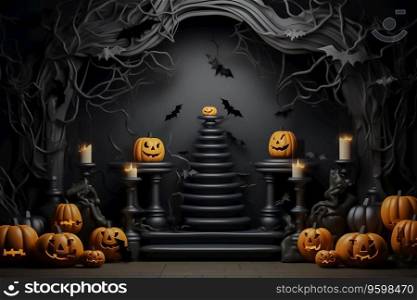 Spooky Halloween sce≠with a pumpkin on a pedestal cand≤s in front of a cemetery. Ai≥≠rated