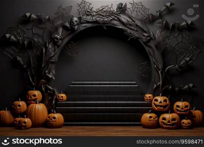 Spooky Halloween scene with a pumpkin on a pedestal candles in front of a cemetery. Ai generated