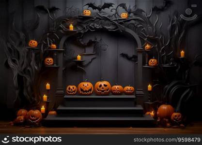 Spooky Halloween scene with a pumpkin on a pedestal candles in front of a cemetery. Ai generated
