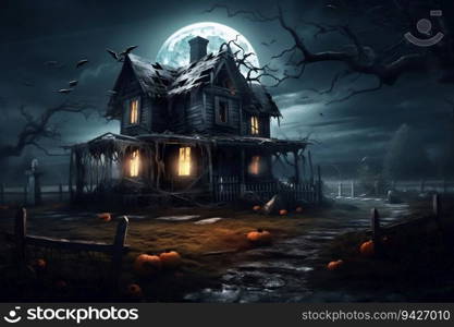 Spooky Haunted House on a Moonlit Halloween Night. Generative ai. High quality illustration. Spooky Haunted House on a Moonlit Halloween Night. Generative ai