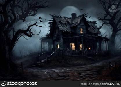Spooky Haunted House on a Moonlit Halloween Night. Generative ai. High quality illustration. Spooky Haunted House on a Moonlit Halloween Night. Generative ai