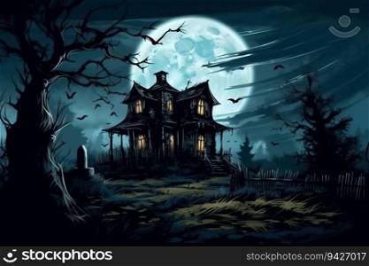 Spooky Haunted House on a Moonlit Halloween Night. Generative ai. High quality illustration. Spooky Haunted House on a Moonlit Halloween Night. Generative ai