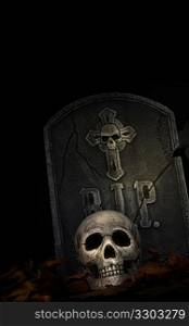 Spooky tombstone with skull on black