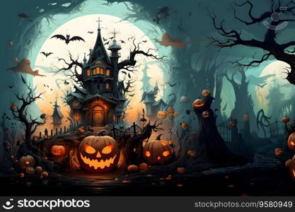 Spooky town halloween village at Moonlight. Magical Halloween scene with Jack o Lanterns, Haunted houses, Mist, Bats and the Moon. Halloween Concept. Generative Ai.