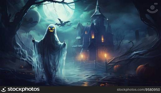 Spooky town halloween village at Moonlight. Magical Halloween scene with Jack o Lanterns, Haunted houses, Mist, Bats and the Moon. Halloween Concept. Generative Ai.