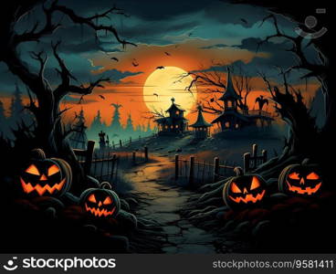 Spooky town halloween village at Moonlight. Magical Halloween scene with Jack o Lanterns, Haunted houses, Mist, Bats and the Moon. Halloween Concept. Generative Ai.