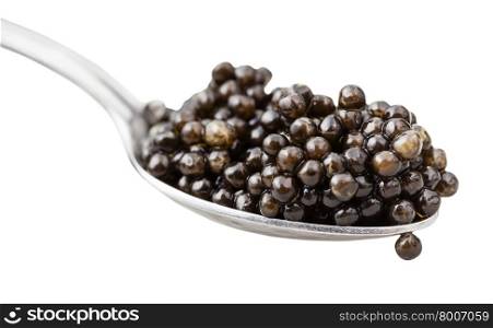 spoon with black sturgeon caviar close up isolated on white background