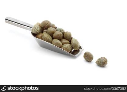 Spoon with capers on white background,