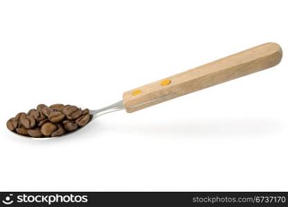 spoon with coffee beans over white background