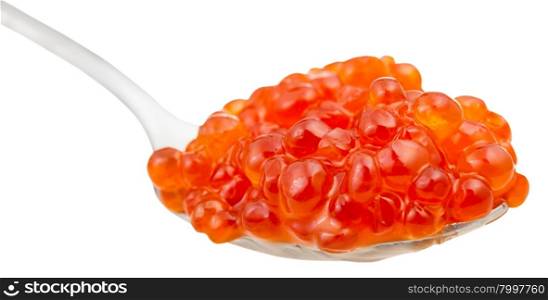 spoon with trout salmon red caviar close up isolated on white background