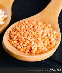 Spoons filled with uncooked lentil for soup. The spoons filled with uncooked lentil for soup