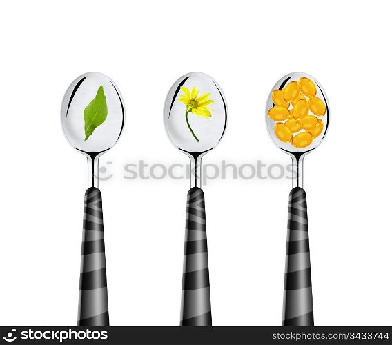 spoons of pills and herbal isolated on white background.