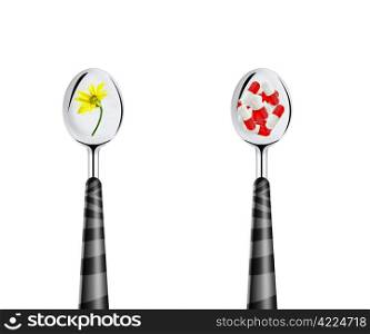 spoons of pills isolated on white background.