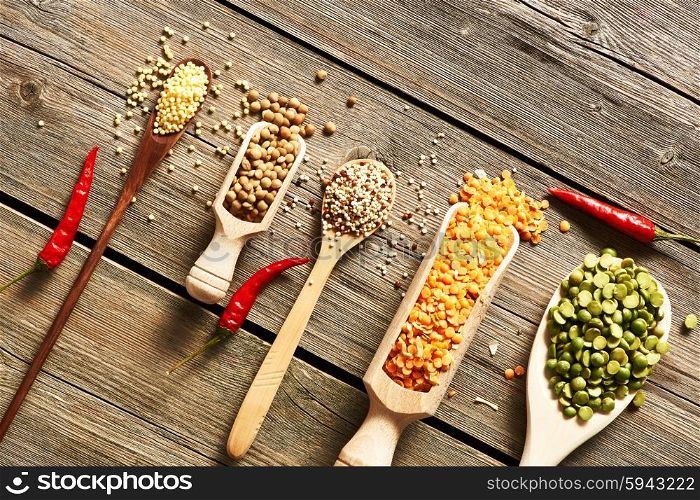 Spoons of various legumes on wooden background