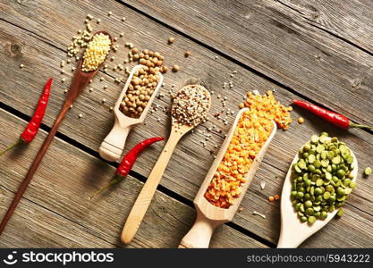 Spoons of various legumes on wooden background