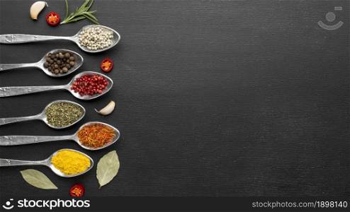 spoons with powder condiments copy space. Resolution and high quality beautiful photo. spoons with powder condiments copy space. High quality beautiful photo concept
