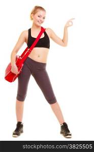 Sport and active lifestyle. Fitness sporty girl in sportswear with gym bag showing ok okay hand sign gesture isolated on white