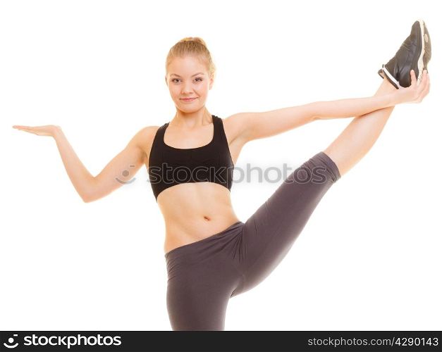 Sport and active lifestyle. fitness sporty girl stretching showing open hand palm with blank copy space for product or text isolated.
