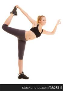 Sport and active lifestyle. Full lengh fitness sporty girl stretching showing ok okay hand sign gesture isolated on white