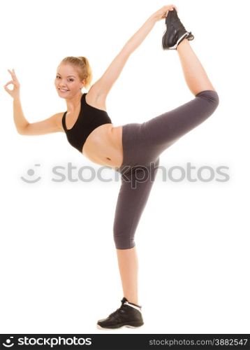 Sport and active lifestyle. Full lengh fitness sporty girl stretching showing ok okay hand sign gesture isolated on white