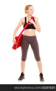 Sport and active lifestyle. Full length of fitness sporty girl in sportswear with red gym bag isolated on white.
