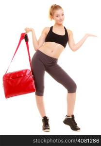 Sport and active lifestyle. Full length of fitness sporty girl with gym bag showing blank copy space on hand isolated on white.