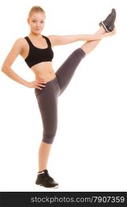 Sport and active lifestyle. Sporty flexible girl fitness woman in sportswear doing stretching exercise isolated on white.