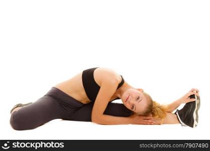 Sport and active lifestyle. Sporty flexible girl fitness woman in sportswear doing stretching exercise isolated on white.