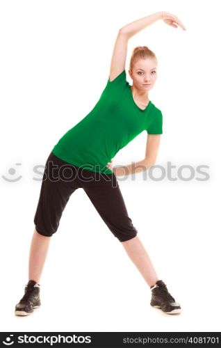 Sport and active lifestyle. Sporty flexible girl fitness young woman in sportswear doing stretching exercise isolated on white.