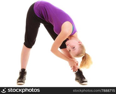 Sport and active lifestyle. Sporty flexible girl fitness young woman in sportswear doing stretching exercise isolated on white.