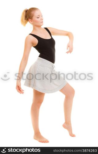 Sport and active lifestyle. Sporty flexible teen girl fitness woman dancer doing stretching exercise dancing isolated on white.