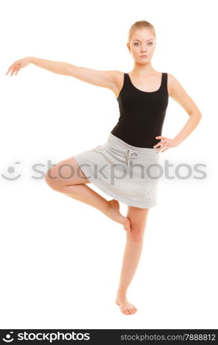 Sport and active lifestyle. Sporty flexible teen girl fitness woman dancer doing stretching exercise dancing isolated on white.