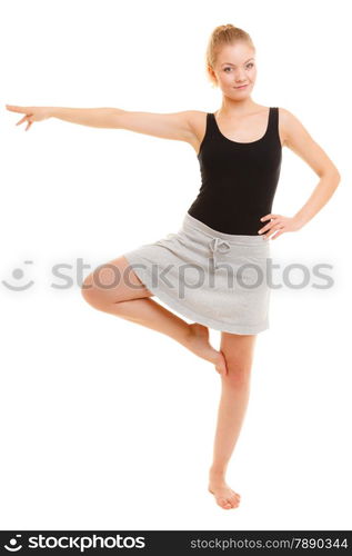 Sport and active lifestyle. Sporty flexible teen girl fitness woman dancer doing stretching exercise dancing isolated on white.