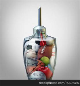 Sport and exercise medicine or sports health care concept and athletic medical care symbol as a doctor syringe or needle with a group of sport equipment icons for soccer football basketball inside or performance enhancing drugs.