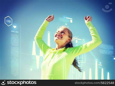 sport and lifestyle concept - woman runner celebrating victory