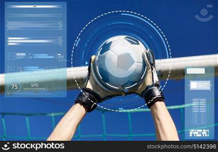 sport and technology - soccer player or goalkeeper hands catching ball at football goal over blue sky. goalkeeper with ball at football goal over sky